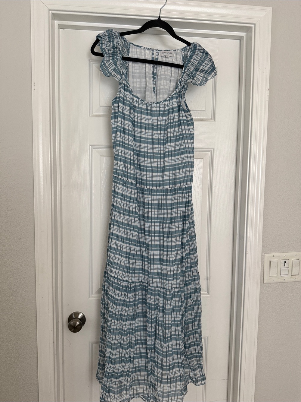 Plaid Midi Dress with Ruffled Cap Sleeves in Teal Blue